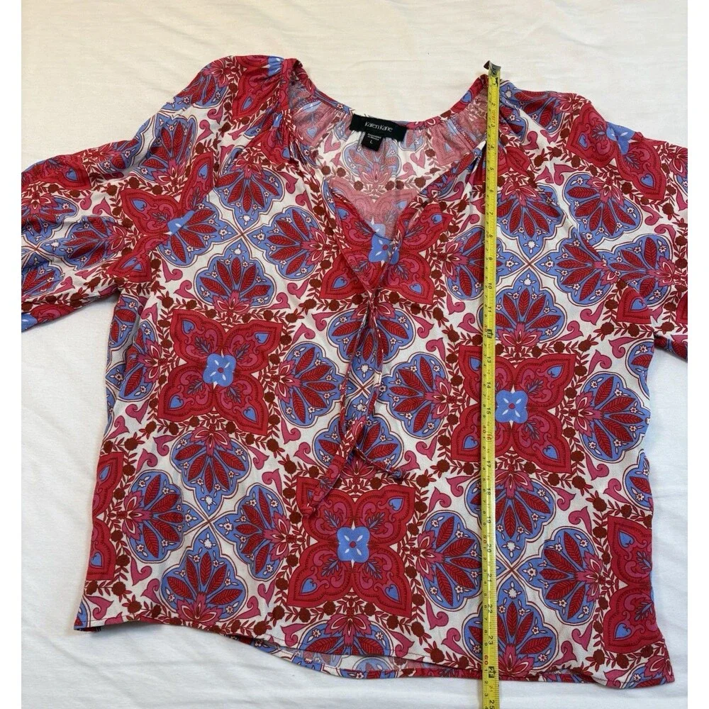 Karen Kane L Boho Medallion Print Split V-Neck Tie Blouse 3/4 Sleeve Viscose